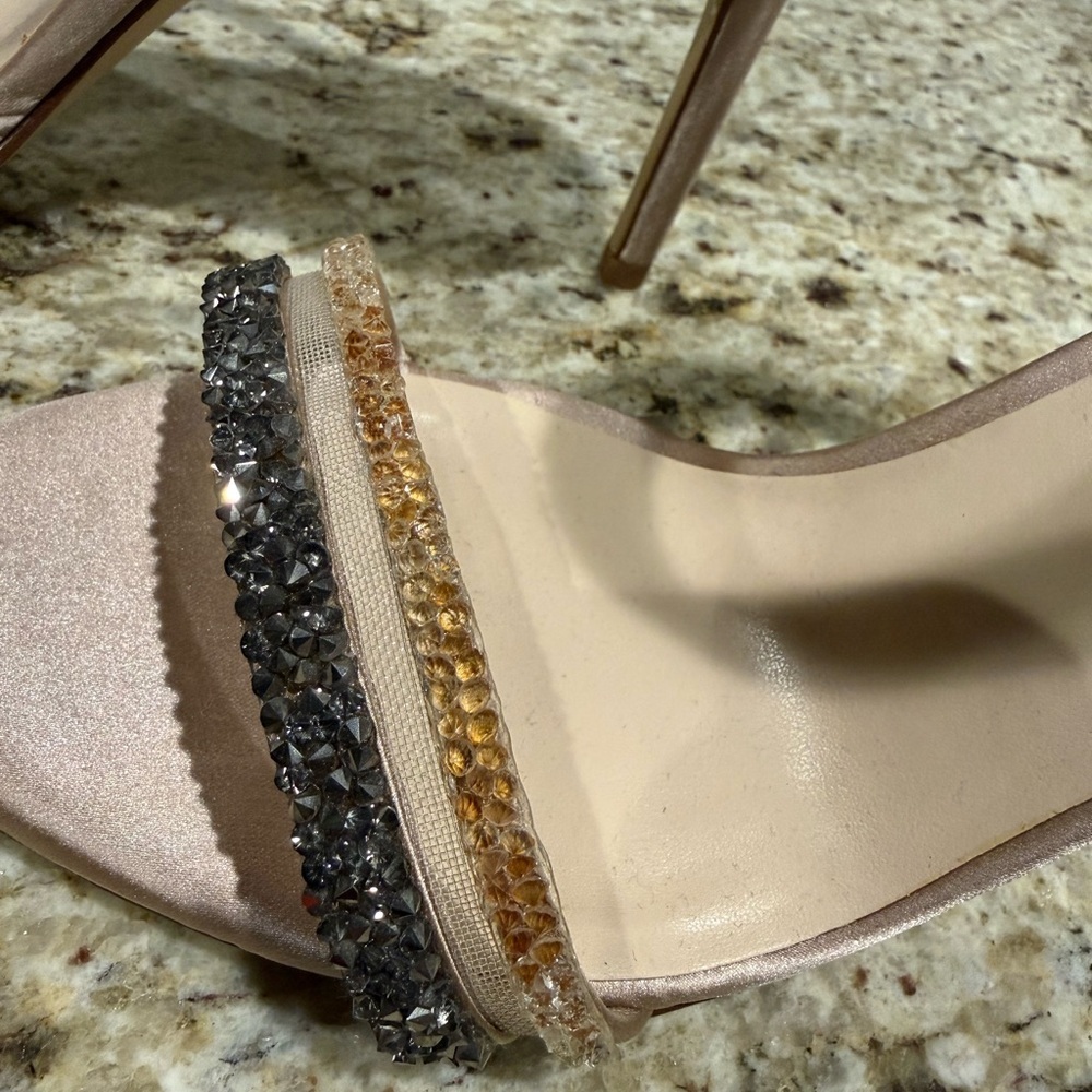 Nine West Strappy Rhinestone Stiletto Heels Synthetic Beige Gold Silver Size 10 - Picture 6 of 9